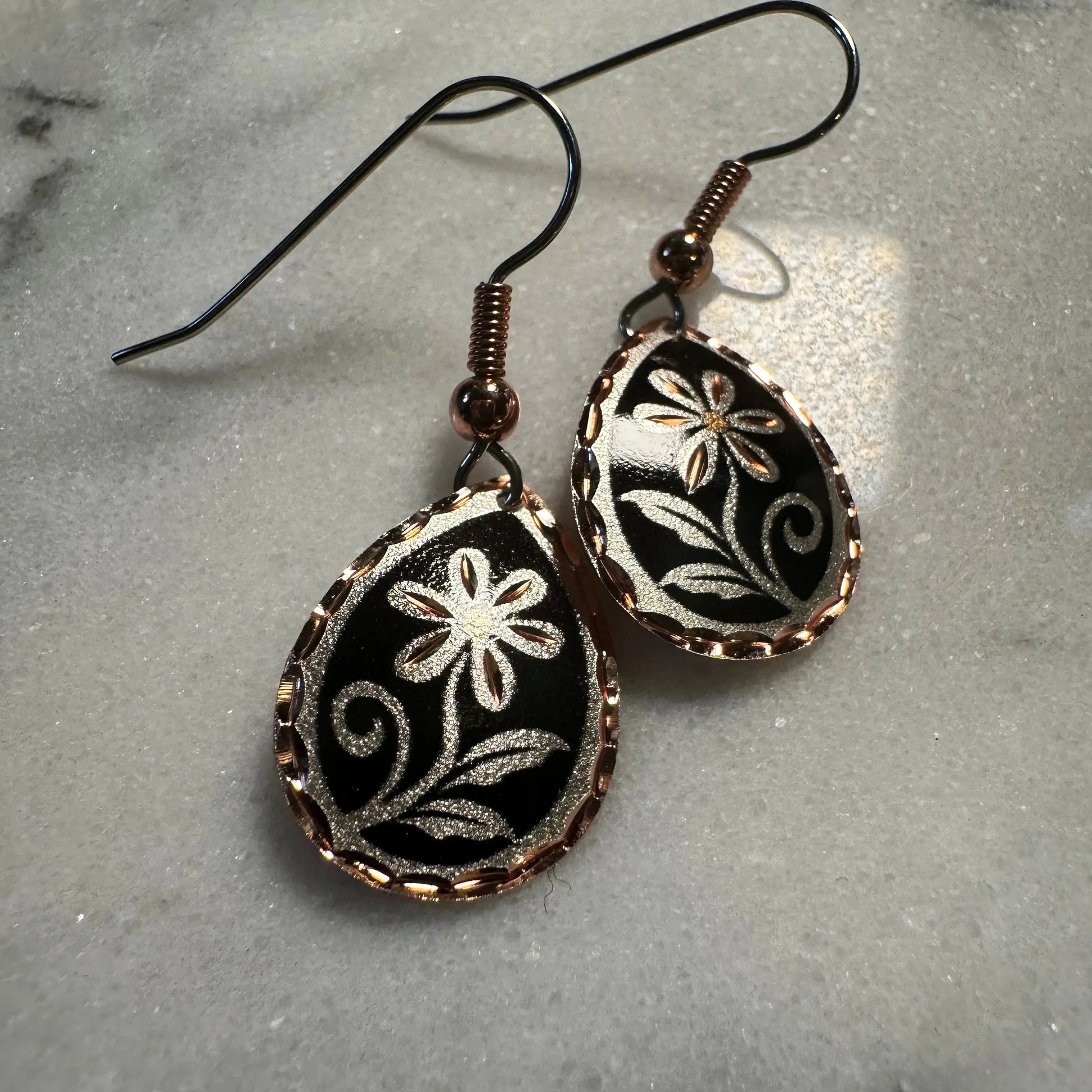 Handcrafted Boho Copper Earrings,  Floral Wire Black Drop Earrings, Gift Box - Silver Elegant