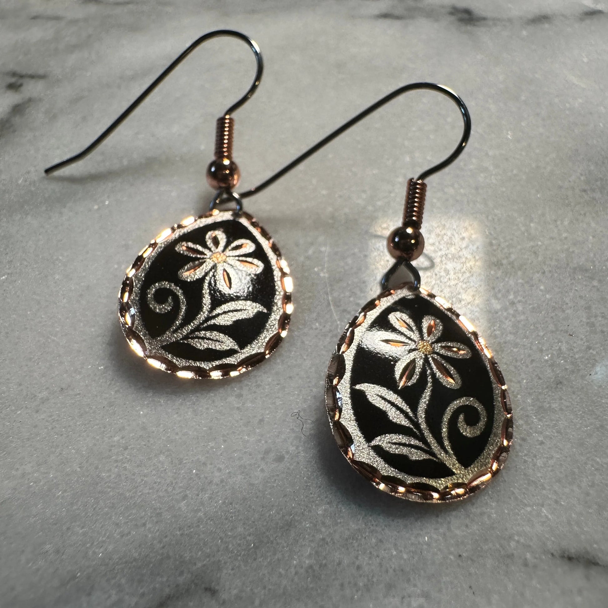 Handcrafted Boho Copper Earrings,  Floral Wire Black Drop Earrings, Gift Box - Silver Elegant