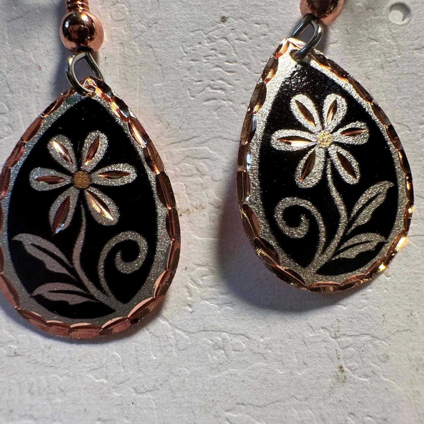 Handcrafted Boho Copper Earrings,  Floral Wire Black Drop Earrings, Gift Box - Silver Elegant