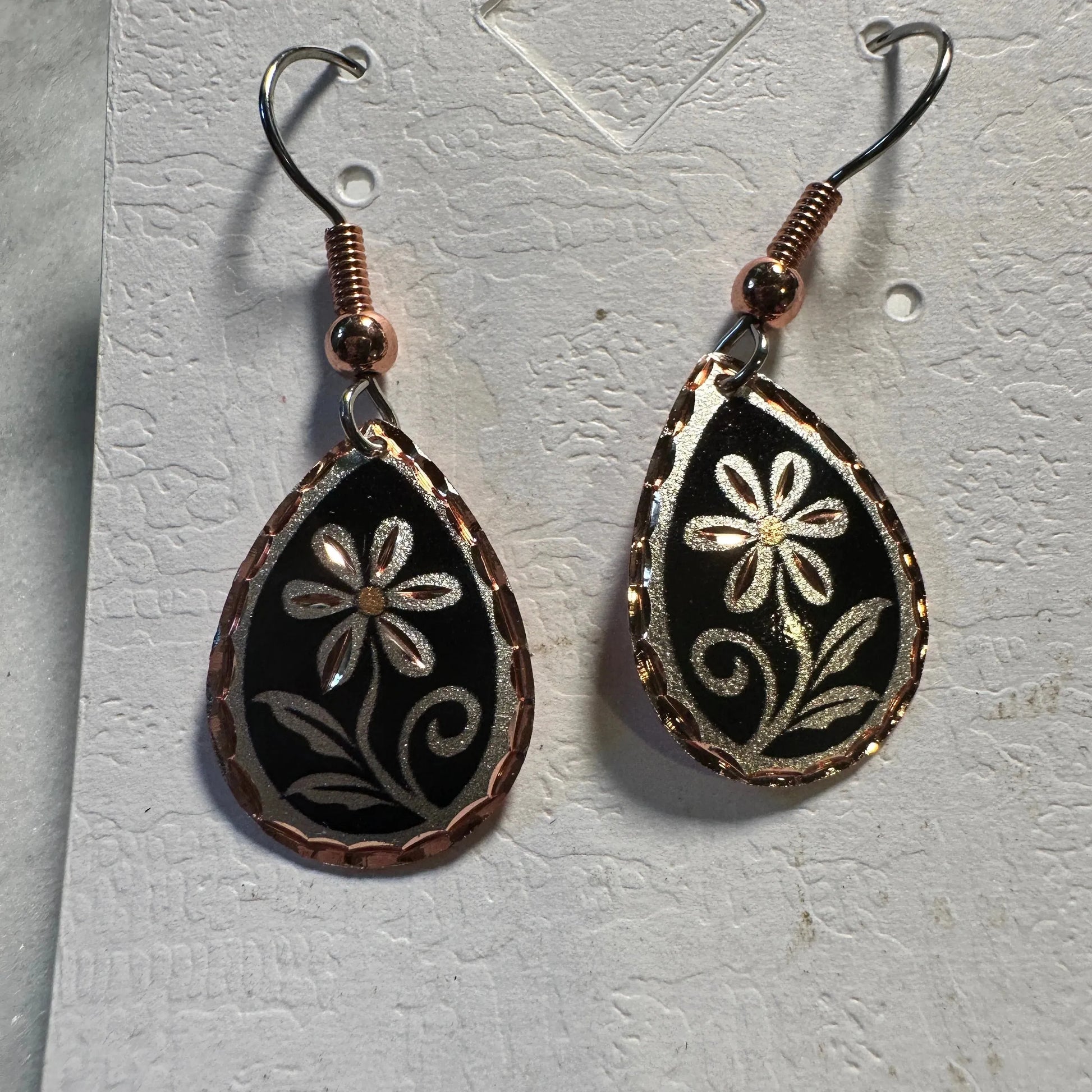 Handcrafted Boho Copper Earrings,  Floral Wire Black Drop Earrings, Gift Box - Silver Elegant