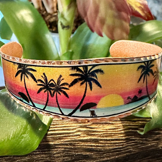 Handmade Boho Tropical Cuff Bracelet, Florida Tropical Palm Wide Cuff Bracelet, Gift Box - Silver Elegant