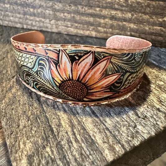 Handmade Boho Sunflower Cuff Bracelet, Copper Western Sunflower Cuff , Gift Box - Silver Elegant
