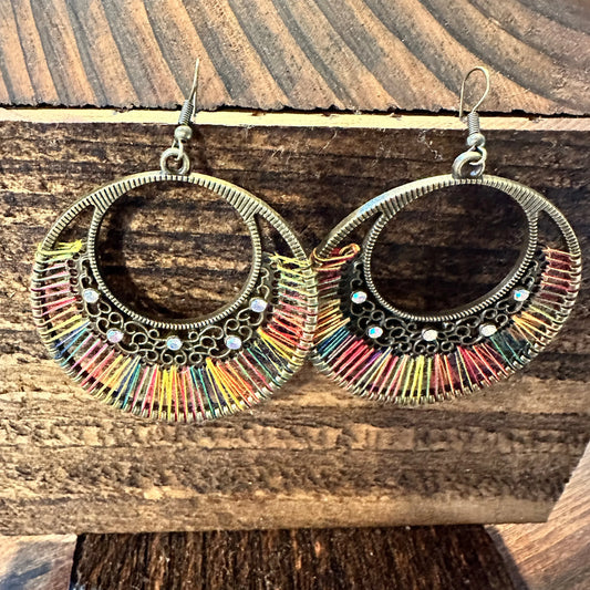 Boho Hippie Cowgirl Threaded Loop Wire Drop Earrings, Multicolor, Gift Box - Silver Elegant