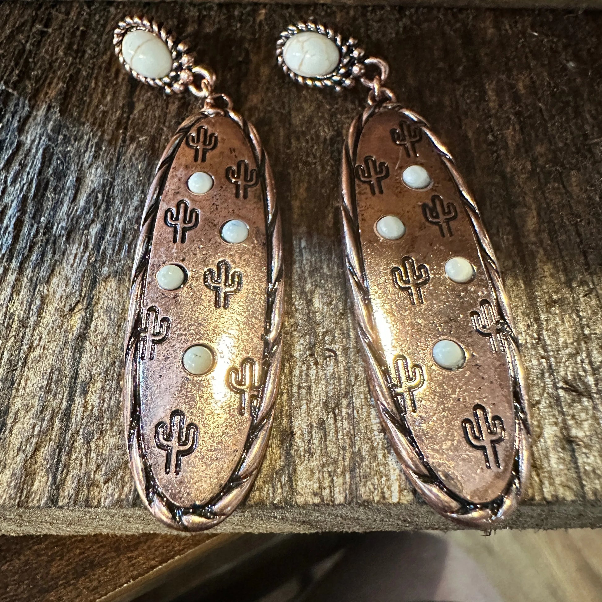 Boho Hippie Cowgirl Western Stamped Stone Copper Earrings - Cactus Thunderbolt Arrows, Gift Box - Silver Elegant