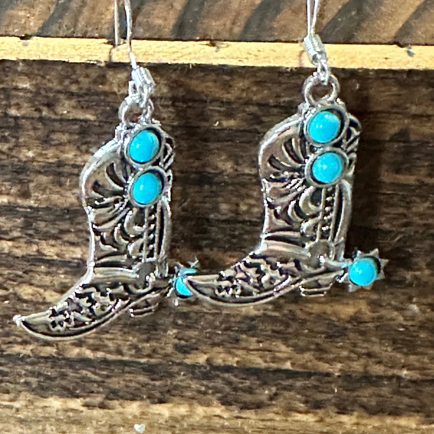 Boho Hippie Western CowgirlTurquoise Stone Boot Silver Drop Wire Earrings, Gift Box - Silver Elegant
