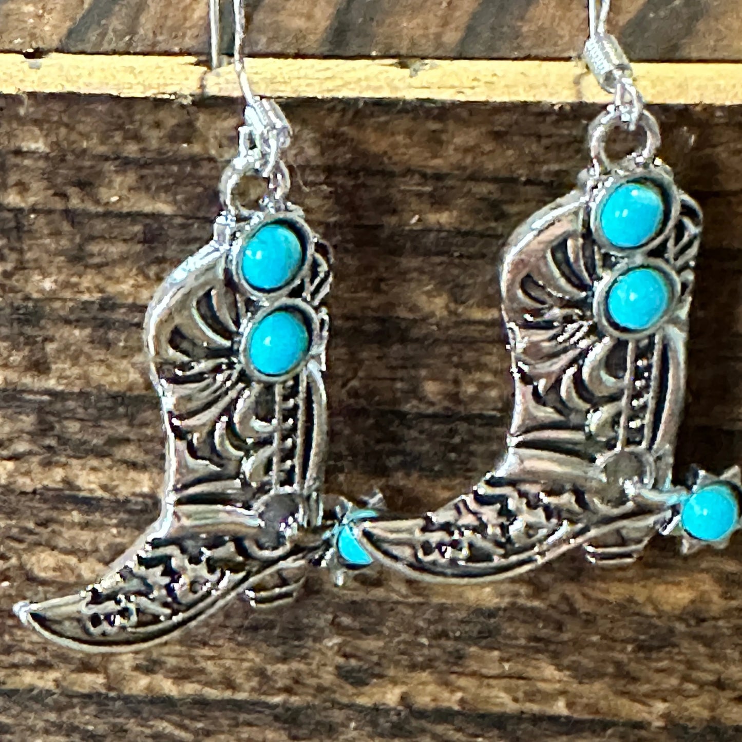 Boho Hippie Western CowgirlTurquoise Stone Boot Silver Drop Wire Earrings, Gift Box - Silver Elegant