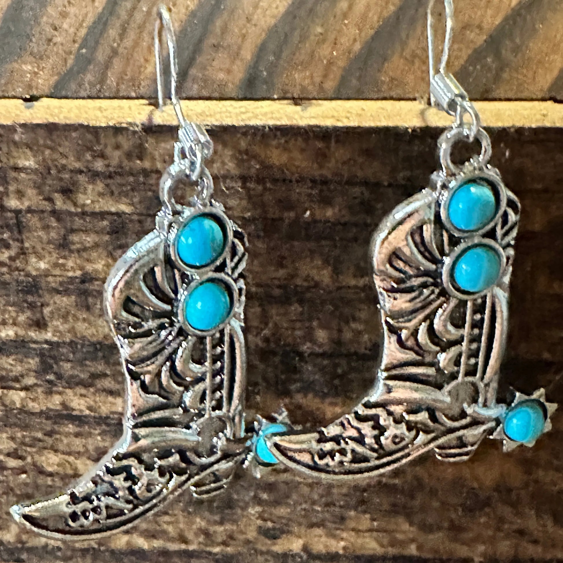 Boho Hippie Western CowgirlTurquoise Stone Boot Silver Drop Wire Earrings, Gift Box - Silver Elegant