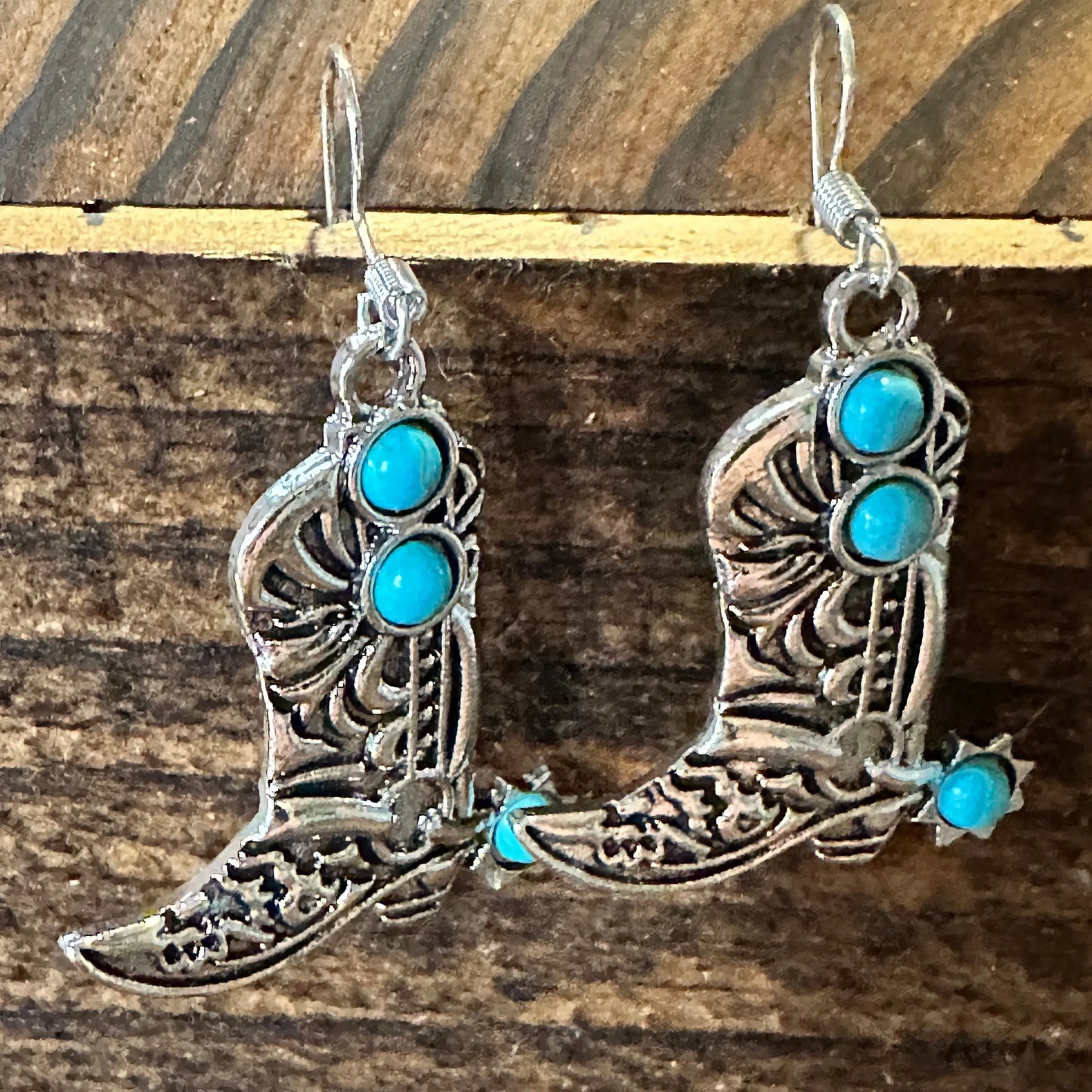 Boho Hippie Western CowgirlTurquoise Stone Boot Silver Drop Wire Earrings, Gift Box - Silver Elegant