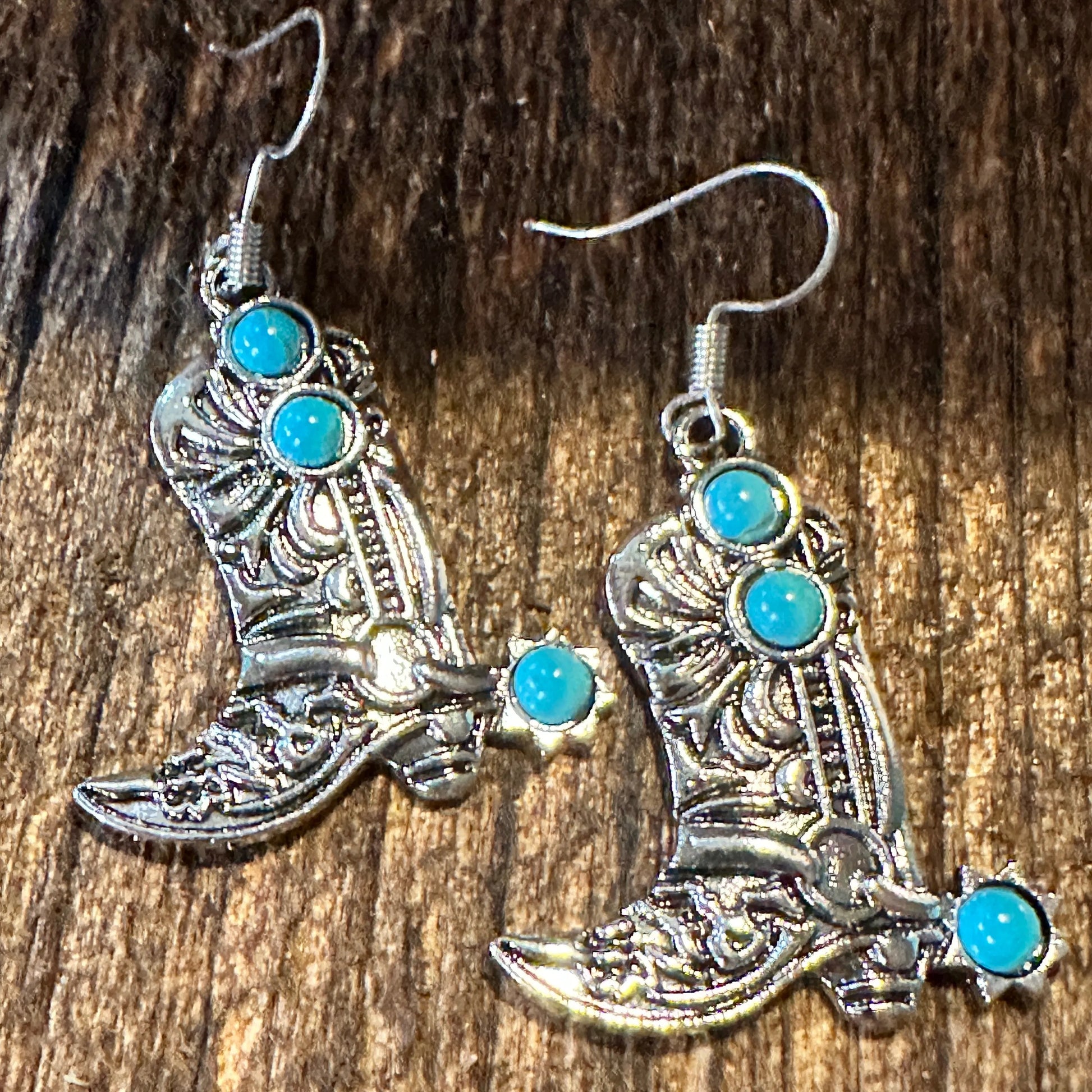 Boho Hippie Western CowgirlTurquoise Stone Boot Silver Drop Wire Earrings, Gift Box - Silver Elegant
