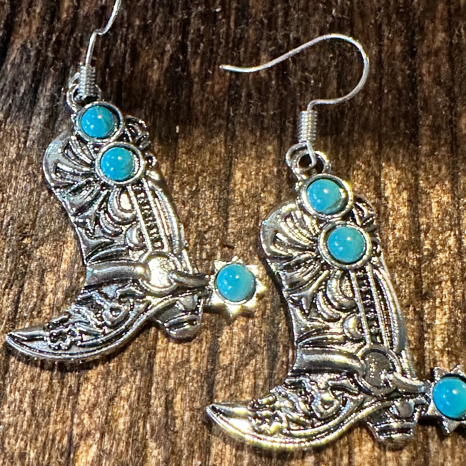 Boho Hippie Western CowgirlTurquoise Stone Boot Silver Drop Wire Earrings, Gift Box - Silver Elegant