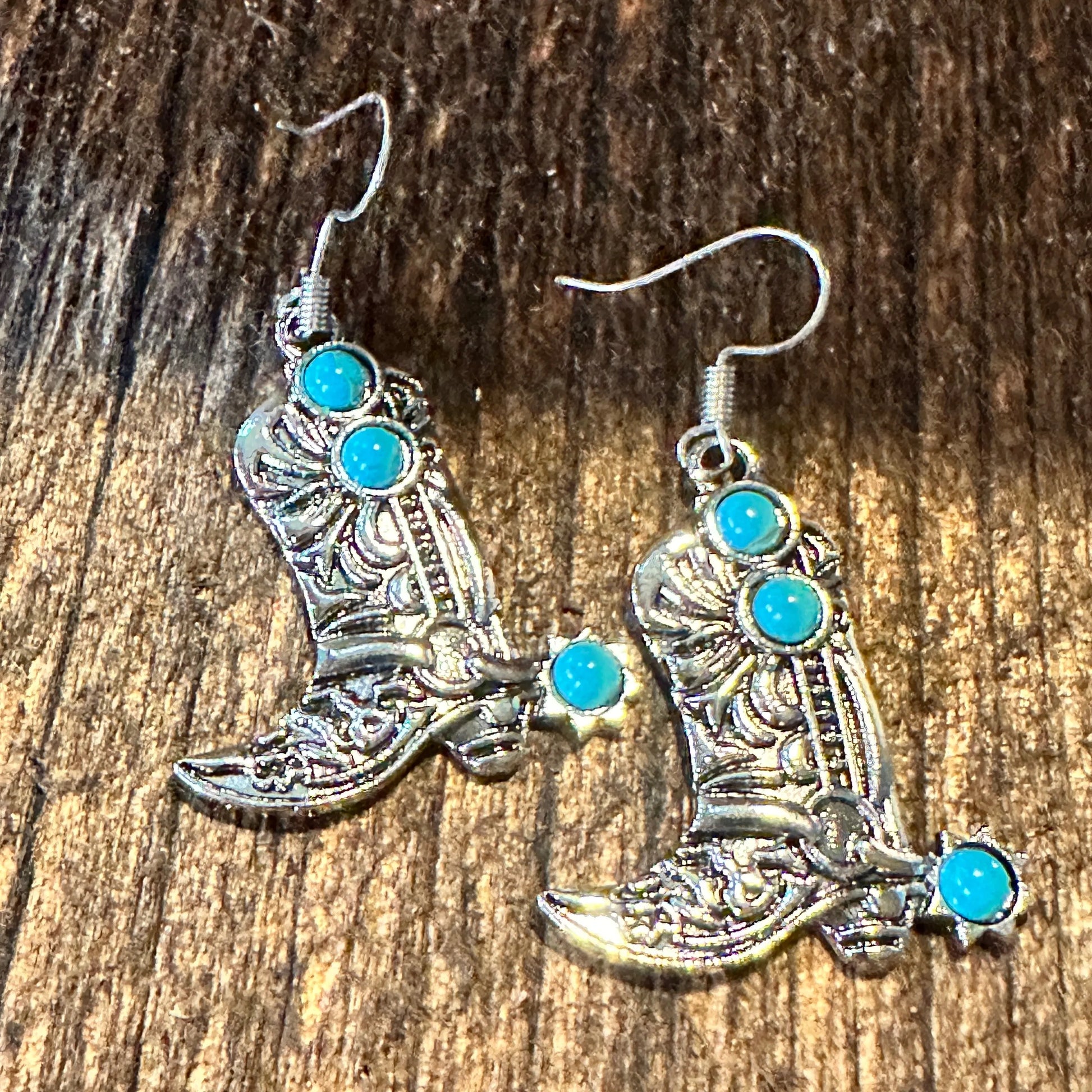 Boho Hippie Western CowgirlTurquoise Stone Boot Silver Drop Wire Earrings, Gift Box - Silver Elegant