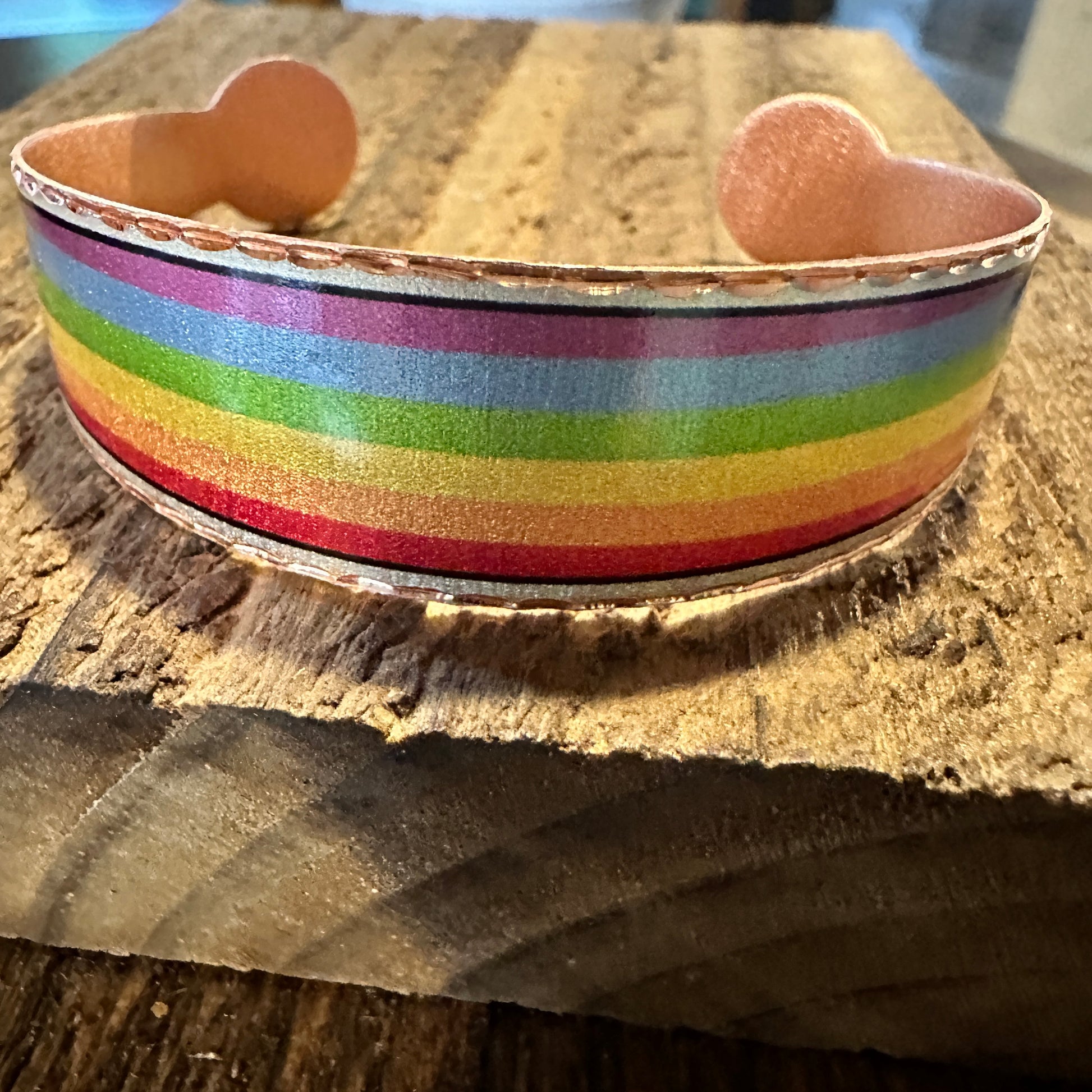 Handmade Boho Copper Wide Cuff Bracelet, Diamond Cut Rainbow Pride Design, Gift Box - Silver Elegant