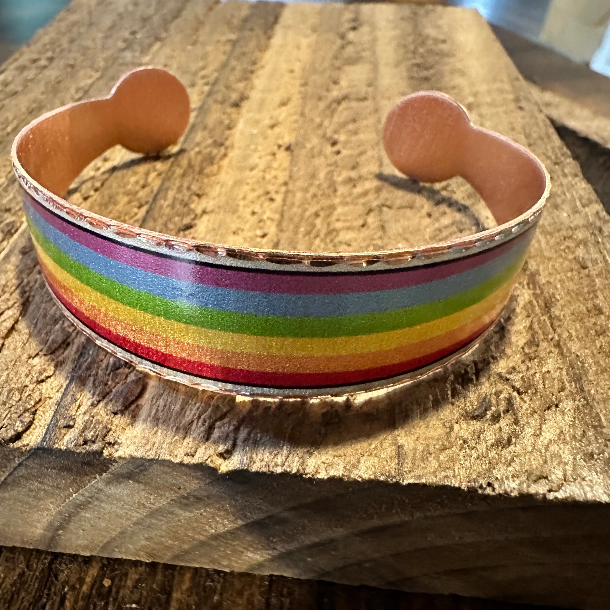 Handmade Boho Copper Wide Cuff Bracelet, Diamond Cut Rainbow Pride Design, Gift Box - Silver Elegant