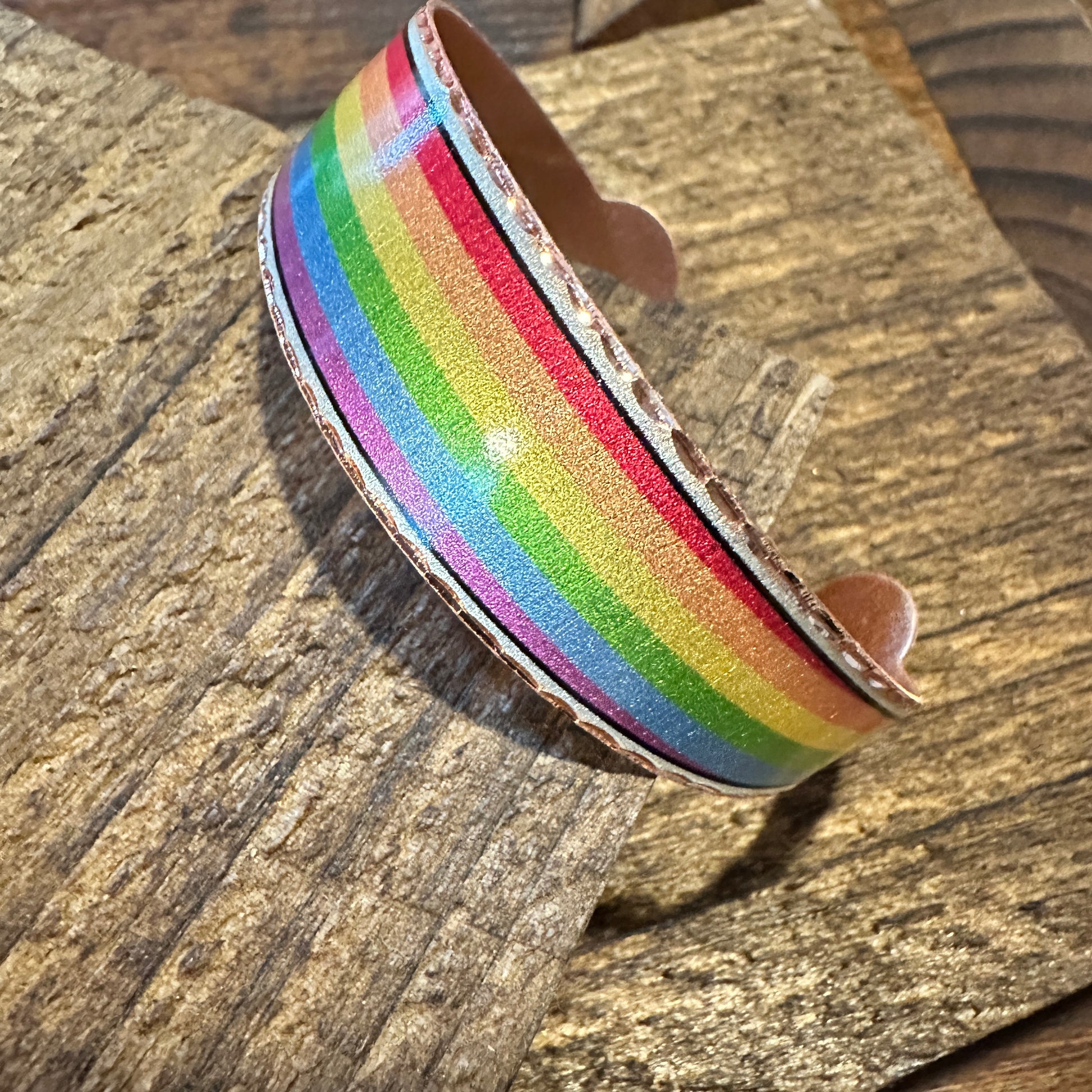 Handmade Boho Copper Wide Cuff Bracelet, Diamond Cut Rainbow Pride Design, Gift Box - Silver Elegant