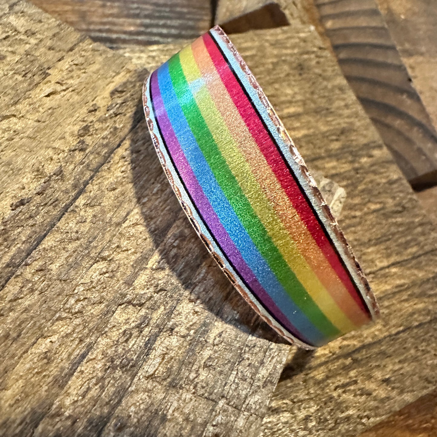 Handmade Boho Copper Wide Cuff Bracelet, Diamond Cut Rainbow Pride Design, Gift Box - Silver Elegant