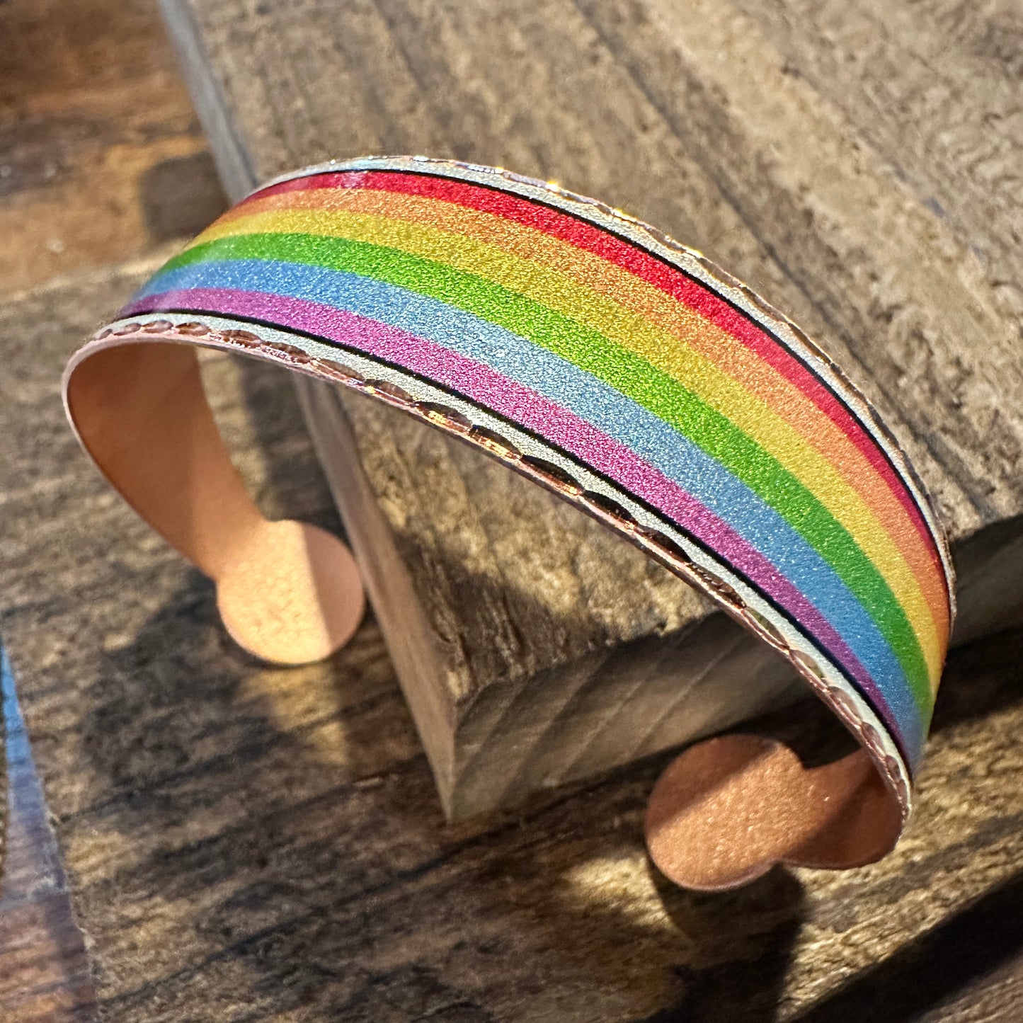 Handmade Boho Copper Wide Cuff Bracelet, Diamond Cut Rainbow Pride Design, Gift Box - Silver Elegant