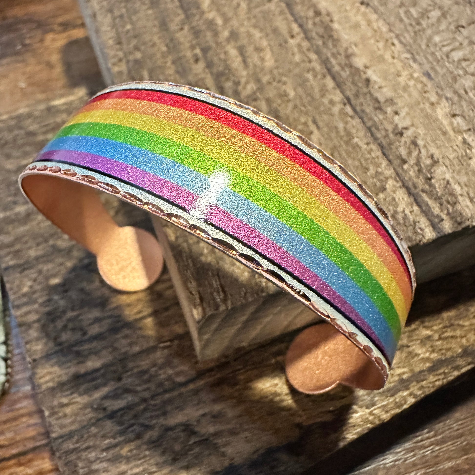 Handmade Boho Copper Wide Cuff Bracelet, Diamond Cut Rainbow Pride Design, Gift Box - Silver Elegant