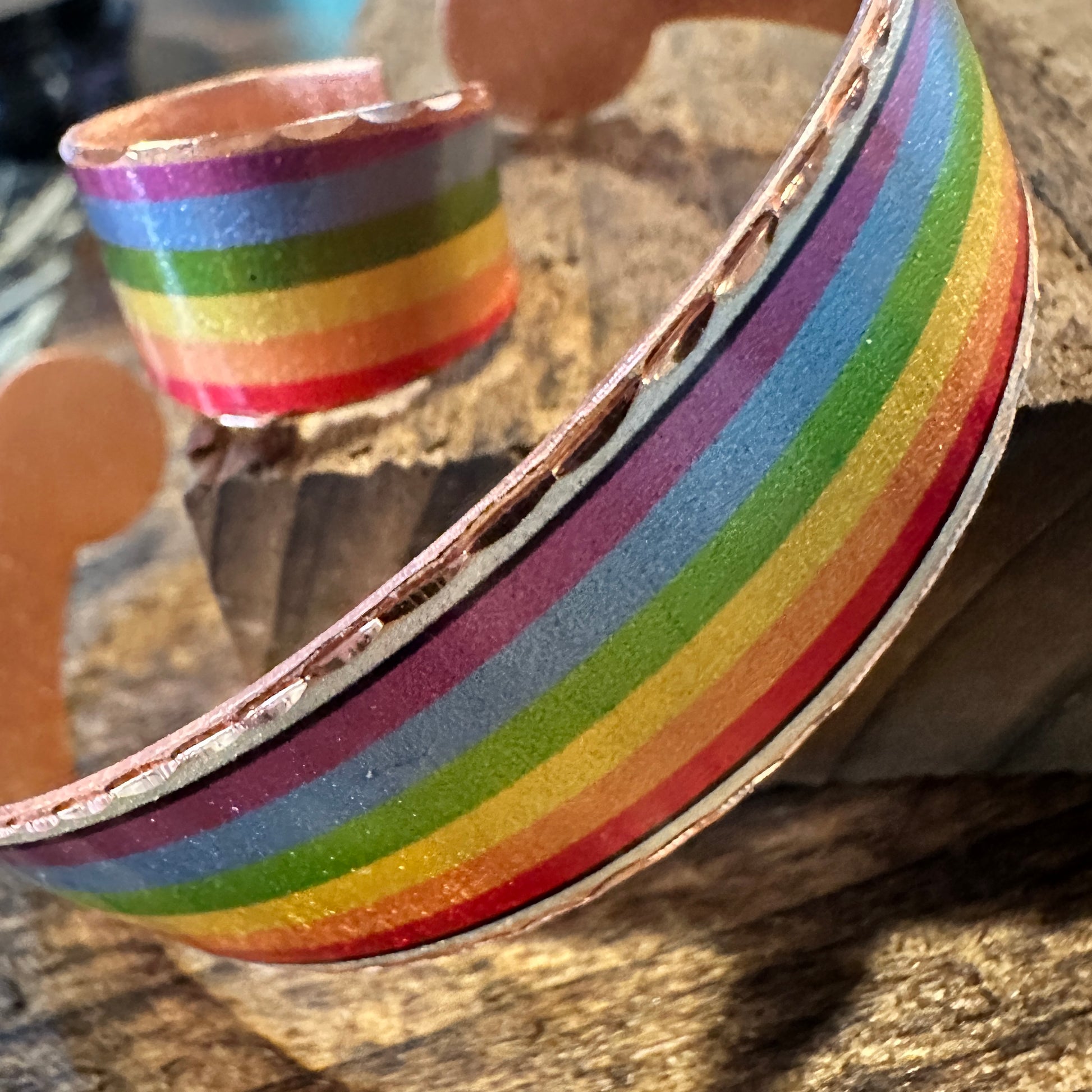 Handmade Boho Copper Wide Cuff Bracelet, Diamond Cut Rainbow Pride Design, Gift Box - Silver Elegant