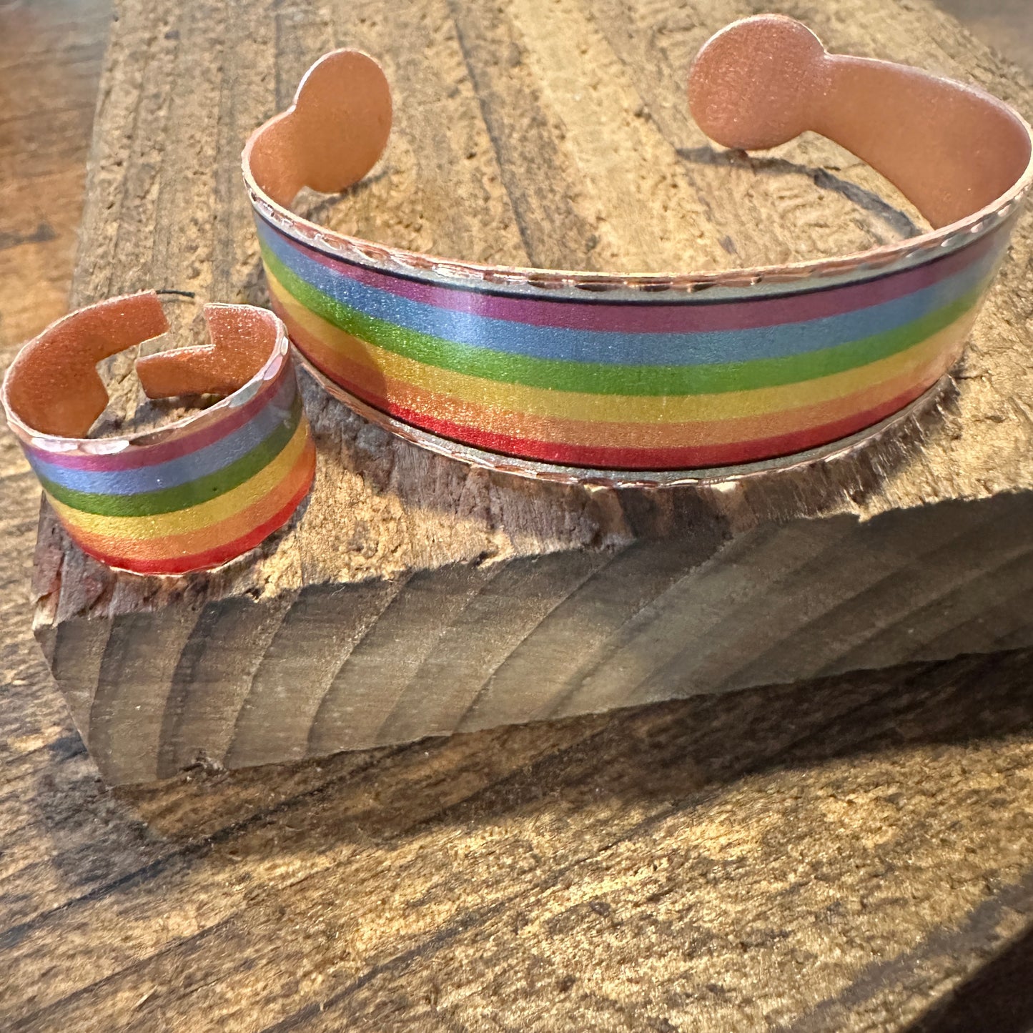 Handmade Boho Copper Wide Cuff Bracelet, Diamond Cut Rainbow Pride Design, Gift Box - Silver Elegant