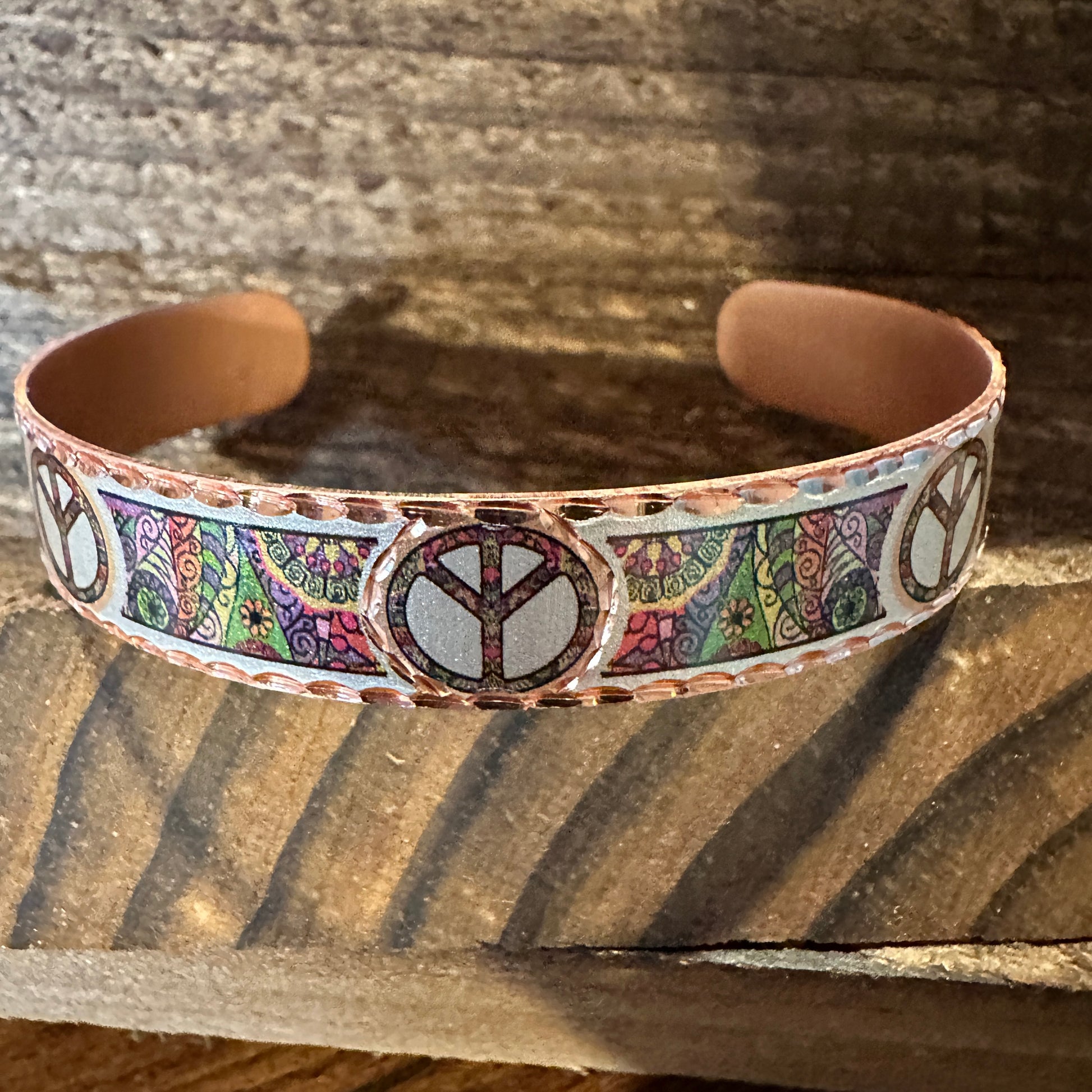 Handmade Boho Copper Narrow Cuff Bracelet, Diamond Cut Hippie Peace Design, Gift Box - Silver Elegant