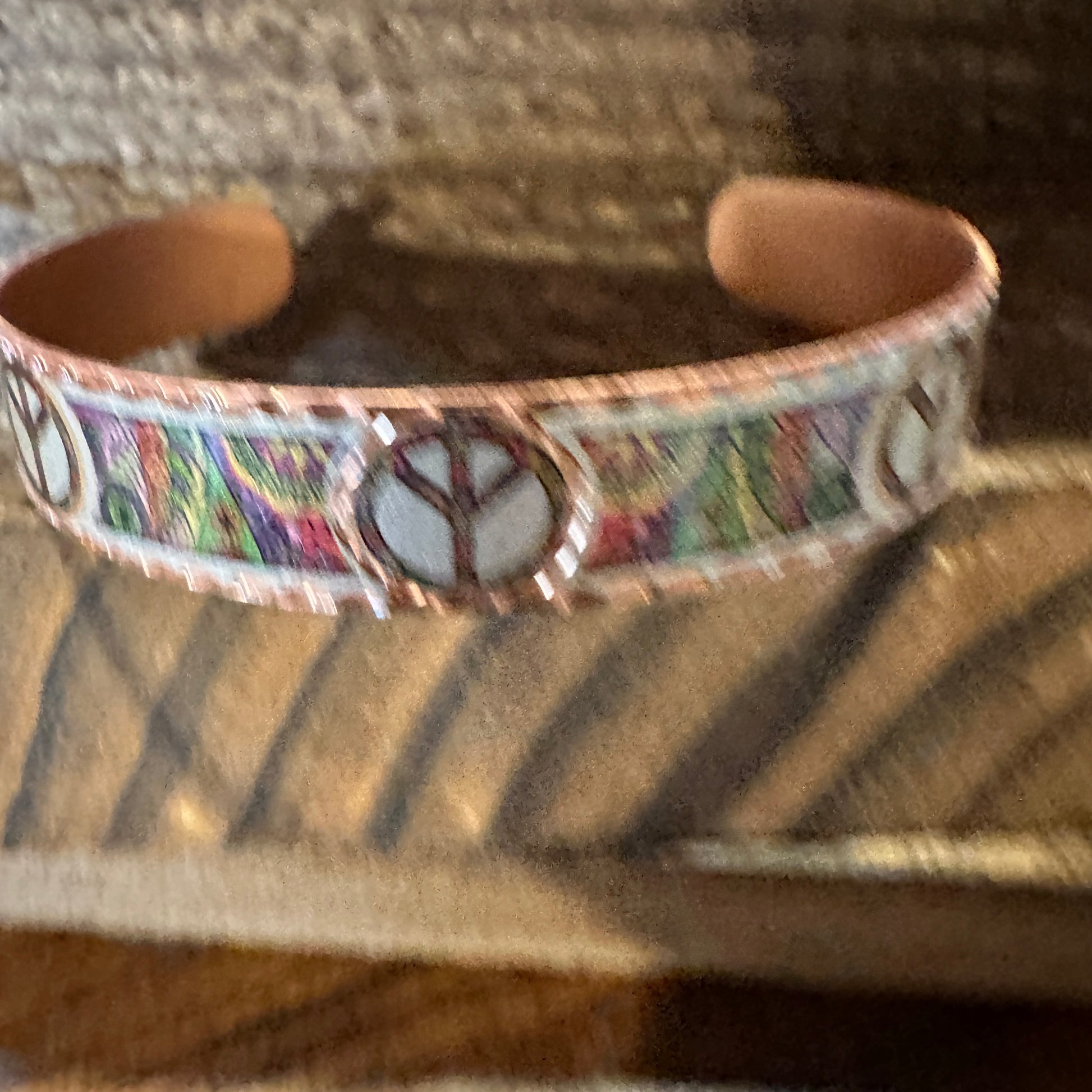 Handmade Boho Copper Narrow Cuff Bracelet, Diamond Cut Hippie Peace Design, Gift Box - Silver Elegant