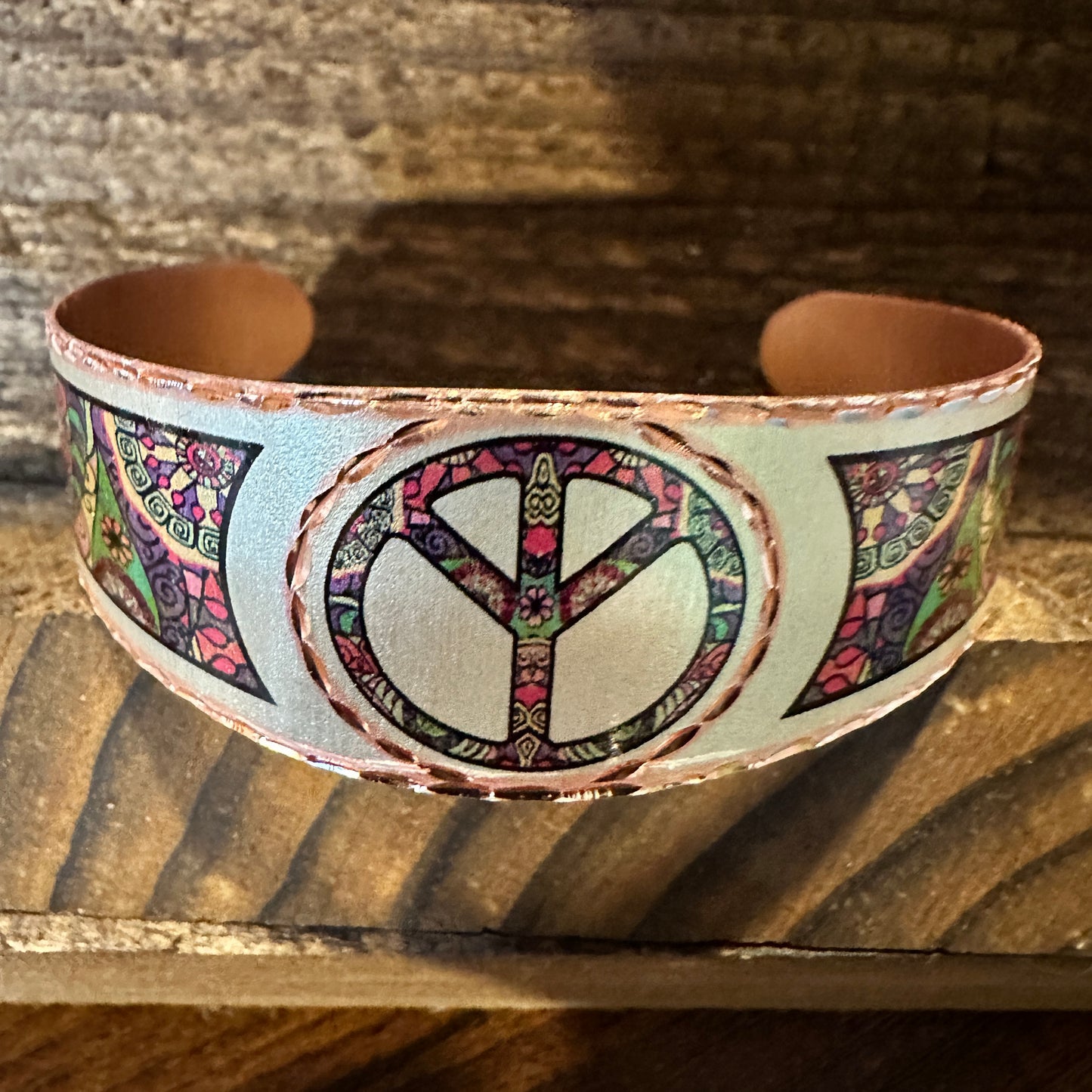 Handmade Boho Copper Wide Cuff Bracelet, Diamond Cut Hippie Peace Design, Gift Box - Silver Elegant