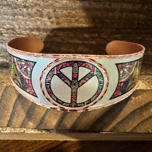 Handmade Boho Copper Wide Cuff Bracelet, Diamond Cut Hippie Peace Design, Gift Box - Silver Elegant