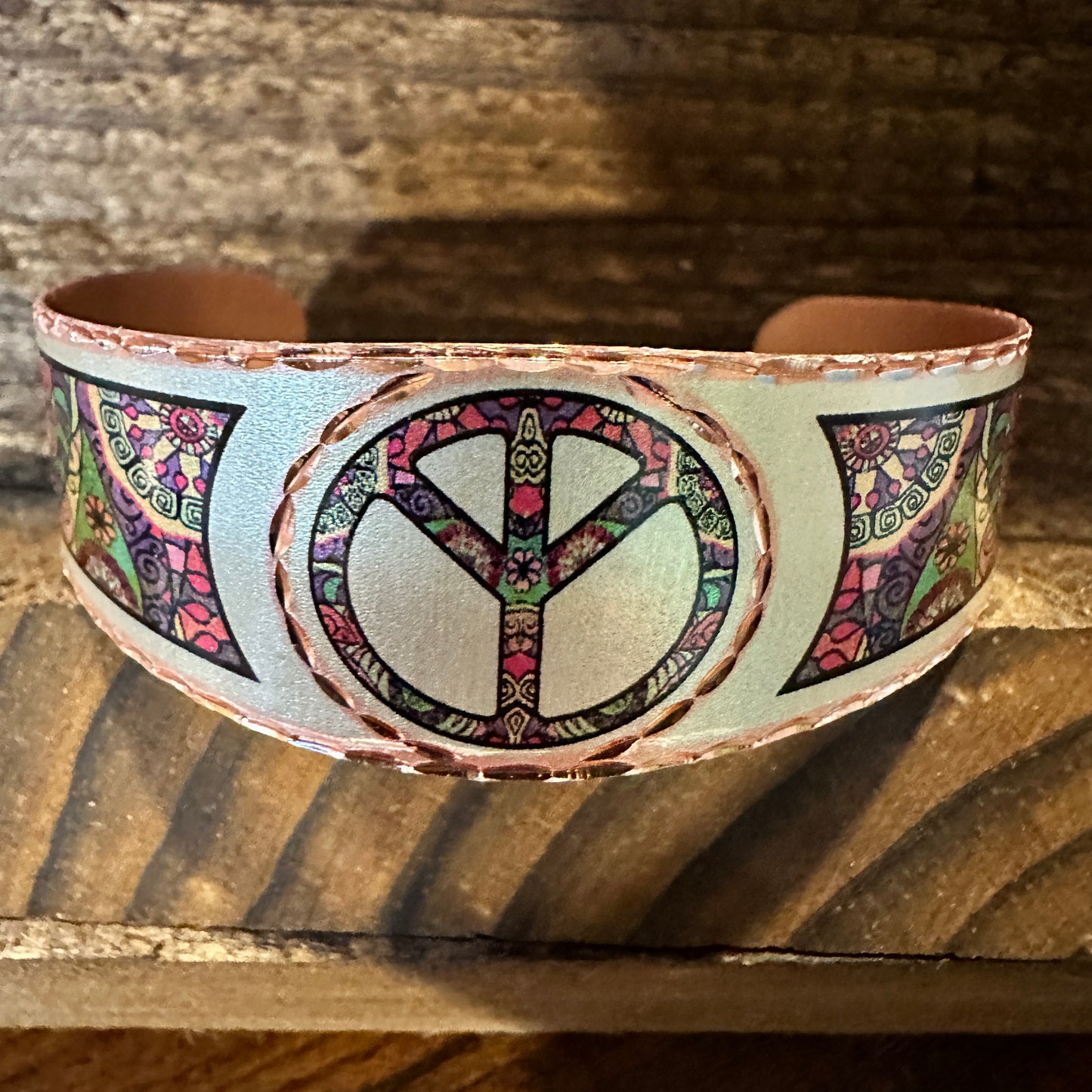 Handmade Boho Copper Wide Cuff Bracelet, Diamond Cut Hippie Peace Design, Gift Box - Silver Elegant