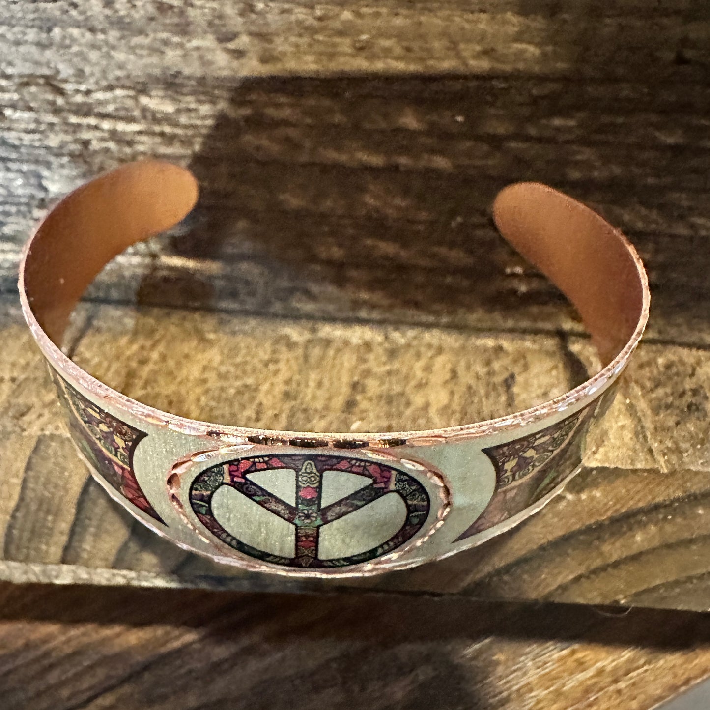 Handmade Boho Copper Wide Cuff Bracelet, Diamond Cut Hippie Peace Design, Gift Box - Silver Elegant