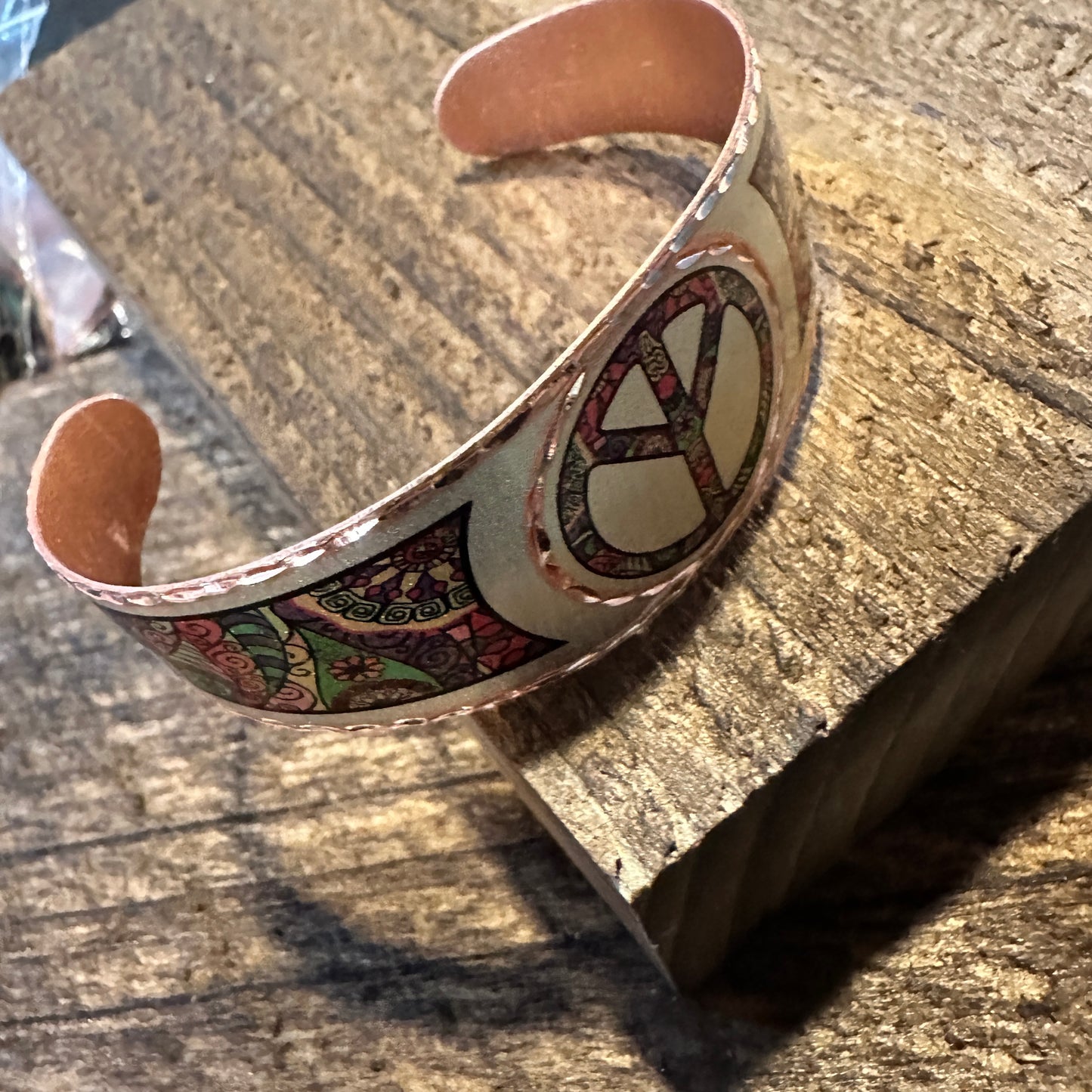 Handmade Boho Copper Wide Cuff Bracelet, Diamond Cut Hippie Peace Design, Gift Box - Silver Elegant