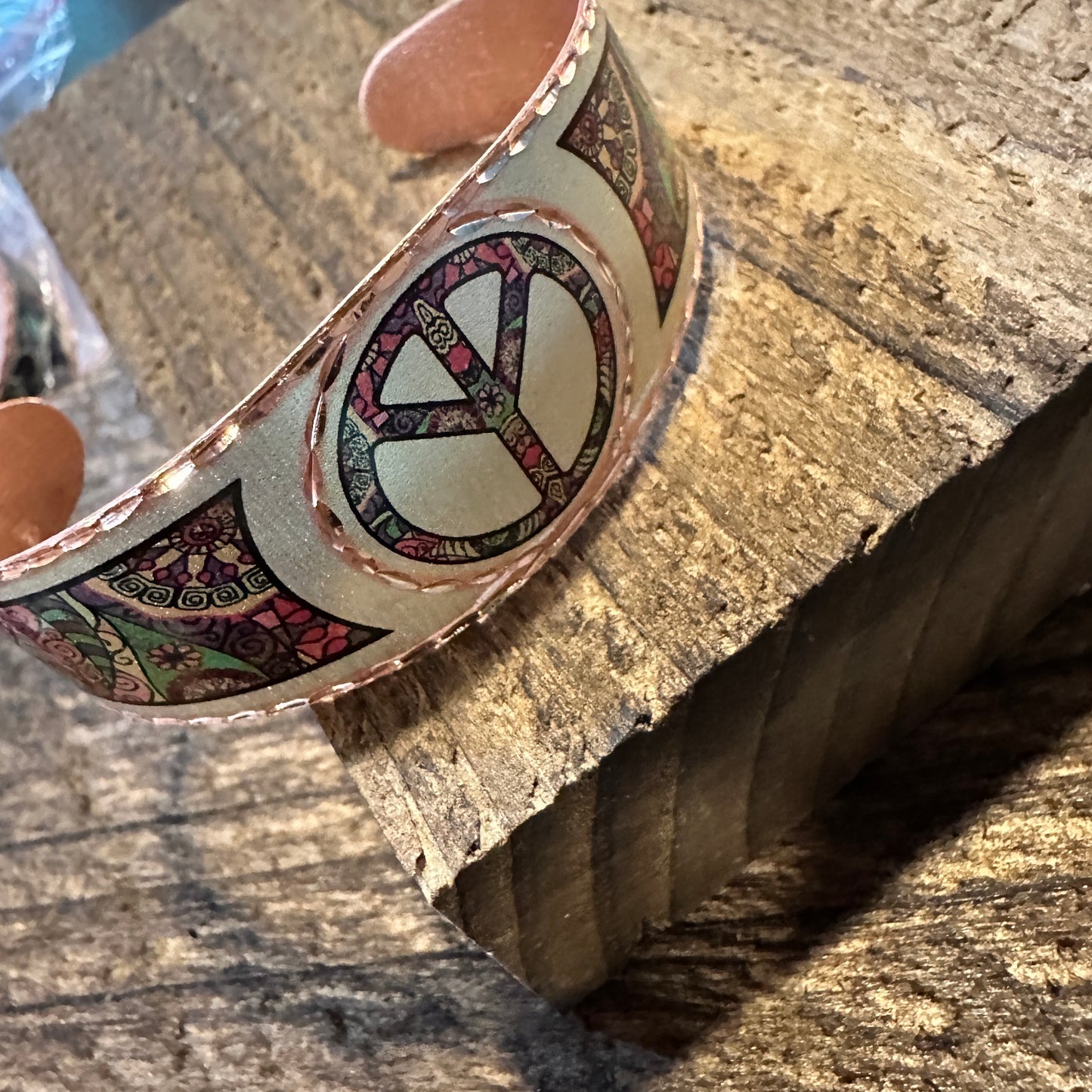 Handmade Boho Copper Wide Cuff Bracelet, Diamond Cut Hippie Peace Design, Gift Box - Silver Elegant