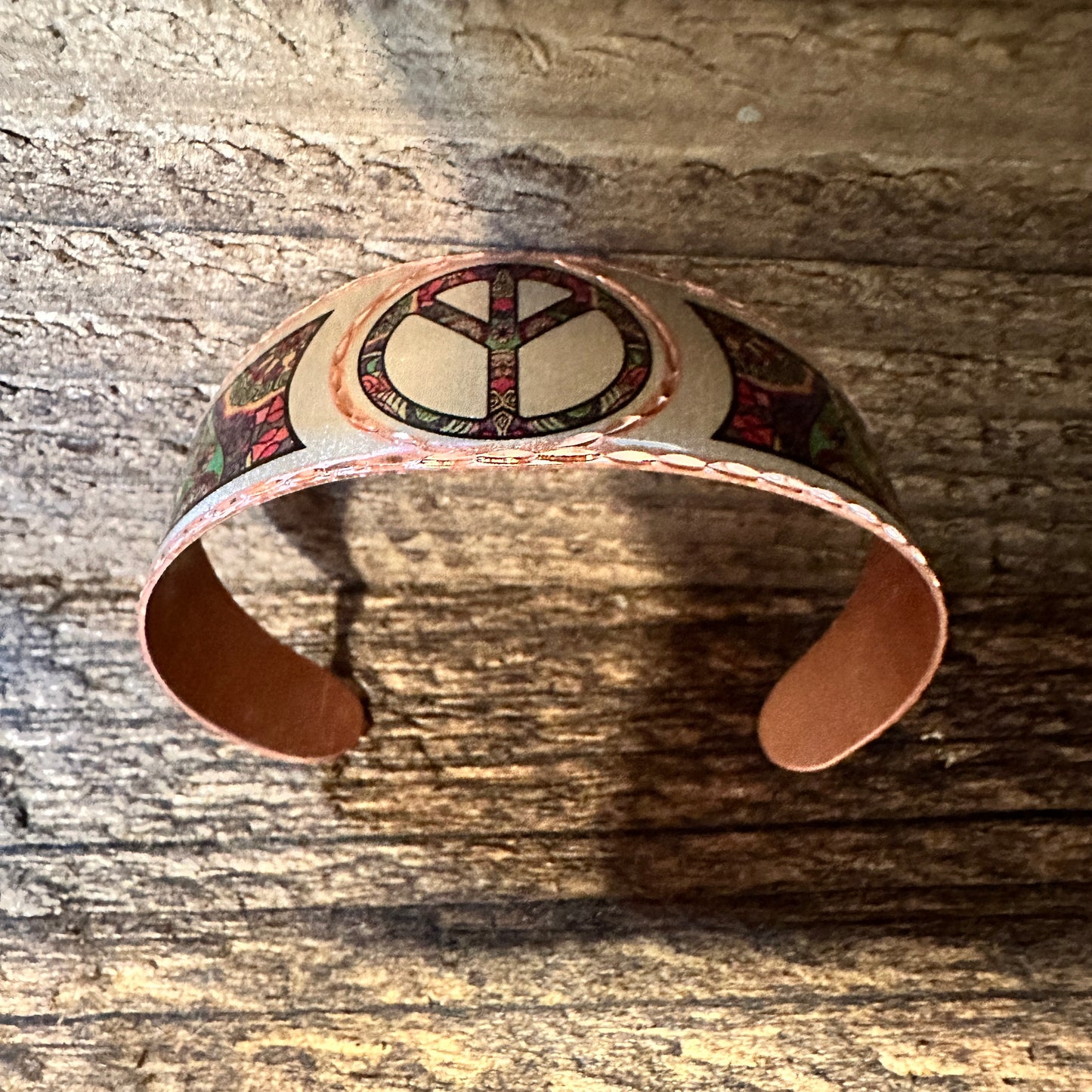 Handmade Boho Copper Wide Cuff Bracelet, Diamond Cut Hippie Peace Design, Gift Box - Silver Elegant