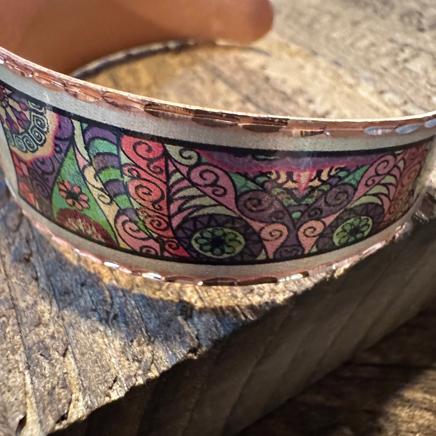 Handmade Boho Copper Wide Cuff Bracelet, Diamond Cut Hippie Peace Design, Gift Box - Silver Elegant