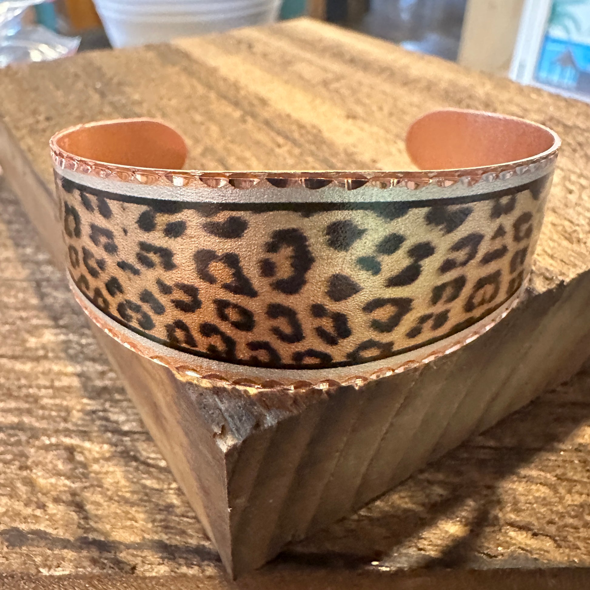 Handmade Boho Copper Wide Cuff Bracelet, Diamond Cut Leopard Design, Gift Box - Silver Elegant