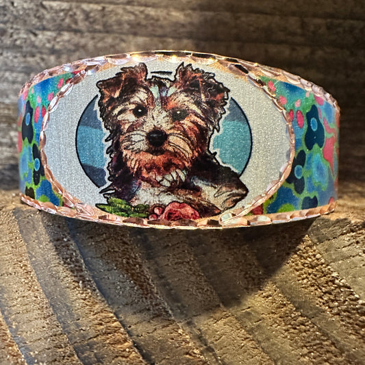 Handmade Boho Copper Wide Cuff Bracelet, Diamond Cut Yorkshire Terroir Dog Design, Gift Box - Silver Elegant