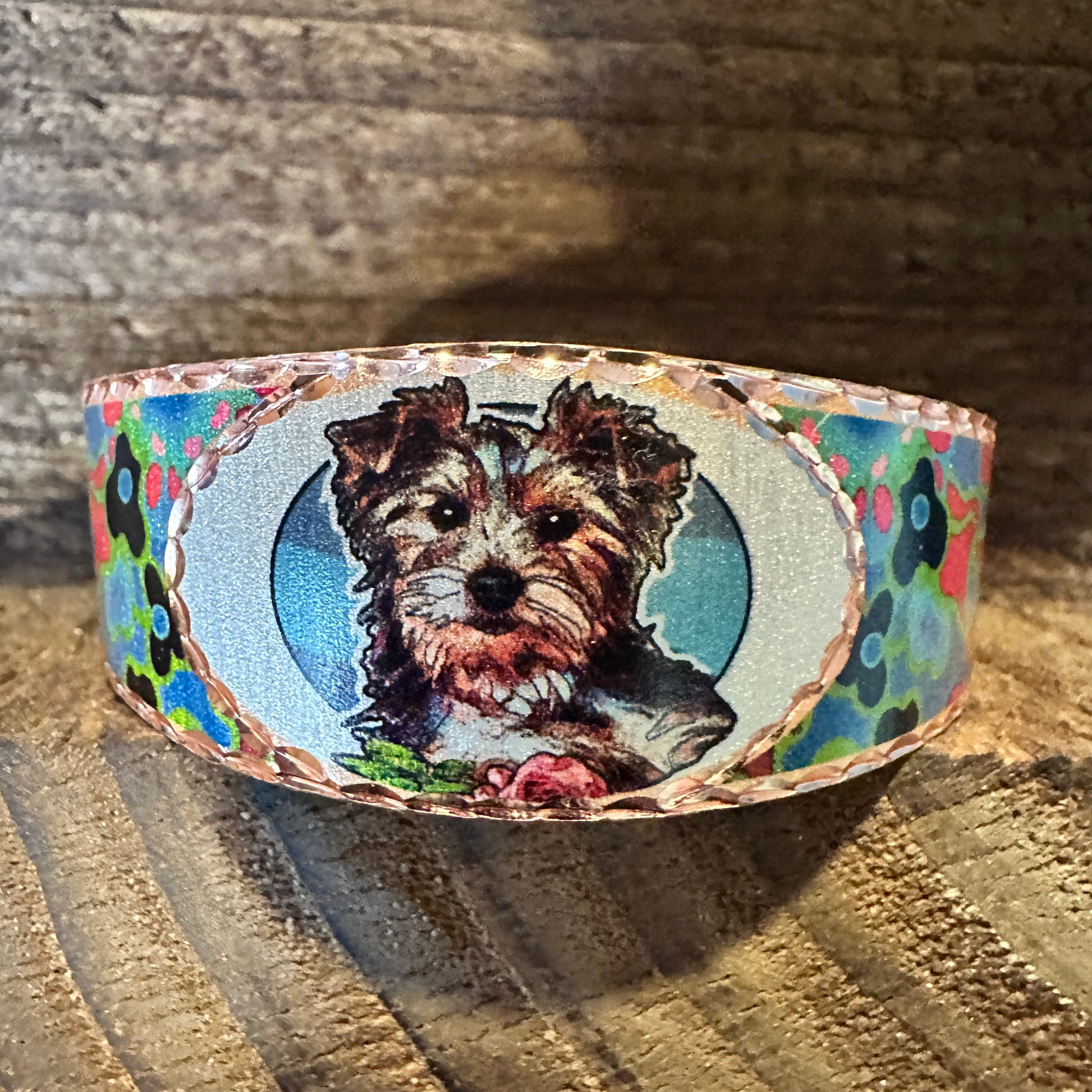 Handmade Boho Copper Wide Cuff Bracelet, Diamond Cut Yorkshire Terroir Dog Design, Gift Box - Silver Elegant