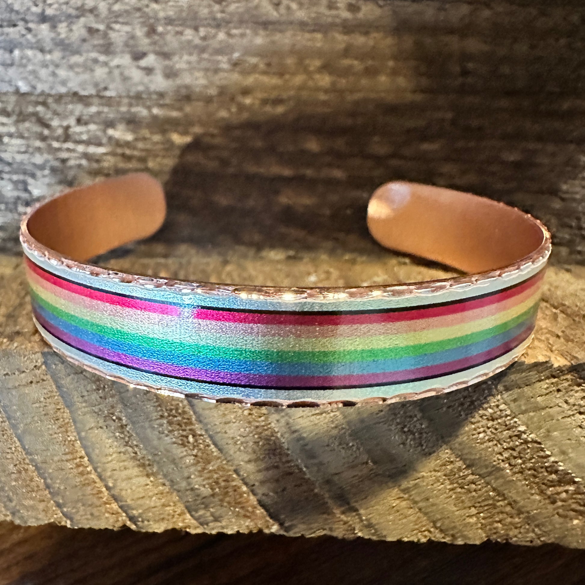 Handmade Boho Copper Narrow Cuff Bracelet, Diamond Cut Rainbow Pride Design, Gift Box - Silver Elegant