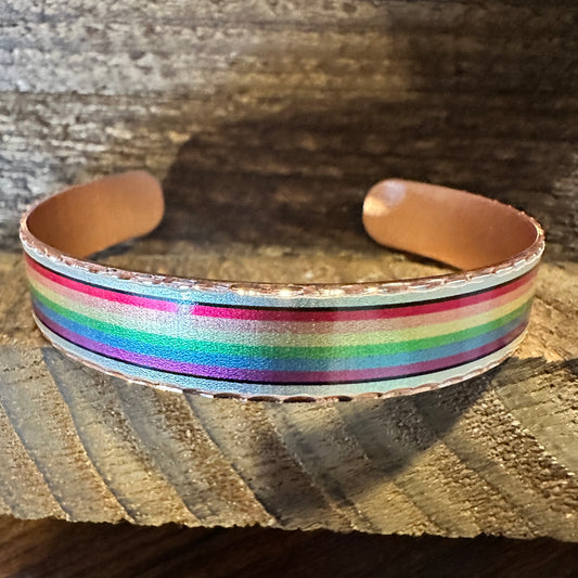 Handmade Boho Copper Narrow Cuff Bracelet, Diamond Cut Rainbow Pride Design, Gift Box - Silver Elegant