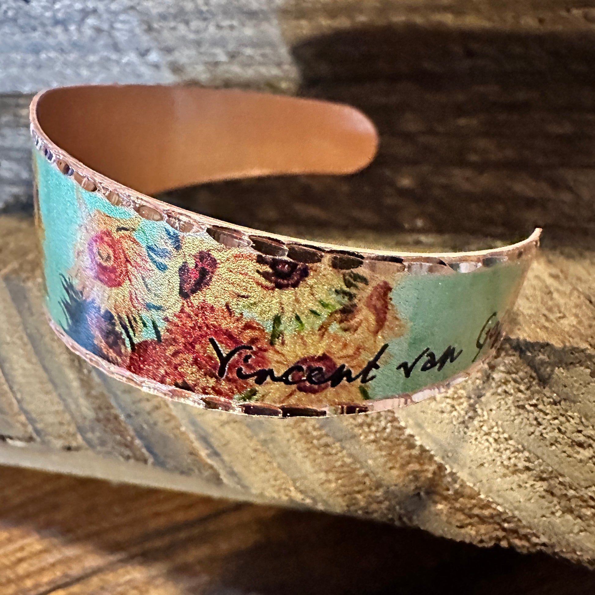 Handmade Boho Copper Wide Cuff Bracelet, Diamond Cut Van Gogh Sunflowers Bracelet, Gift Box - Silver Elegant