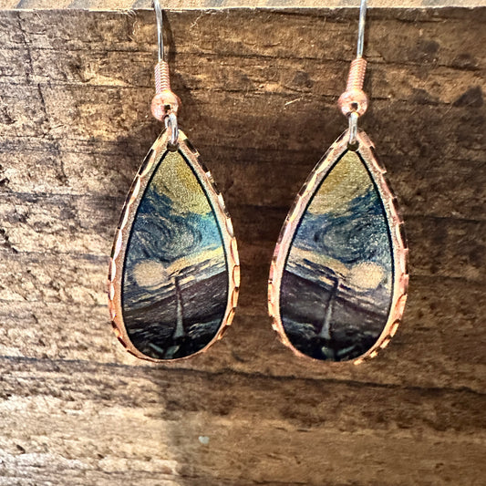 Handmade Boho Copper Earrings, Diamond Cut Van Gogh Starry Night Design Earrings, Gift Box - Silver Elegant