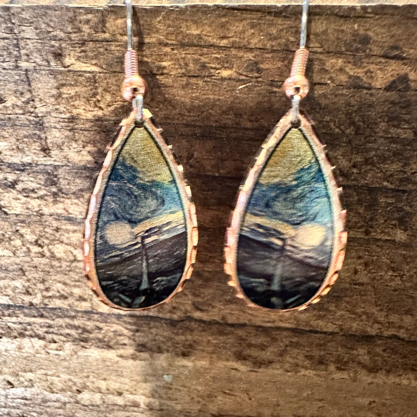Handmade Boho Copper Earrings, Diamond Cut Van Gogh Starry Night Design Earrings, Gift Box - Silver Elegant