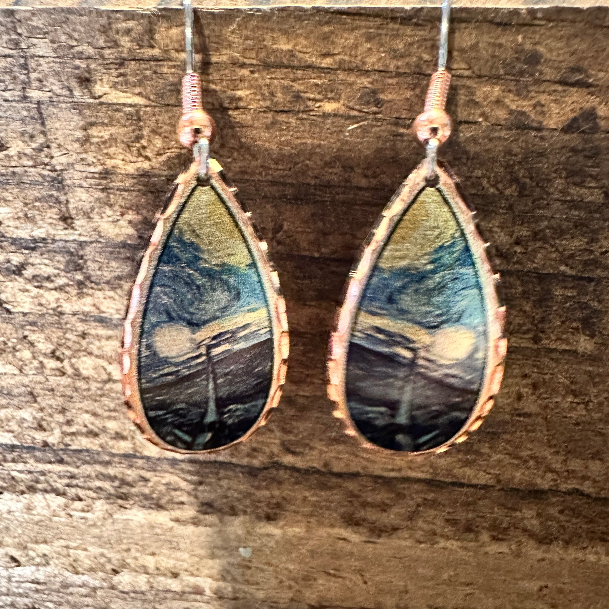 Handmade Boho Copper Earrings, Diamond Cut Van Gogh Starry Night Design Earrings, Gift Box - Silver Elegant
