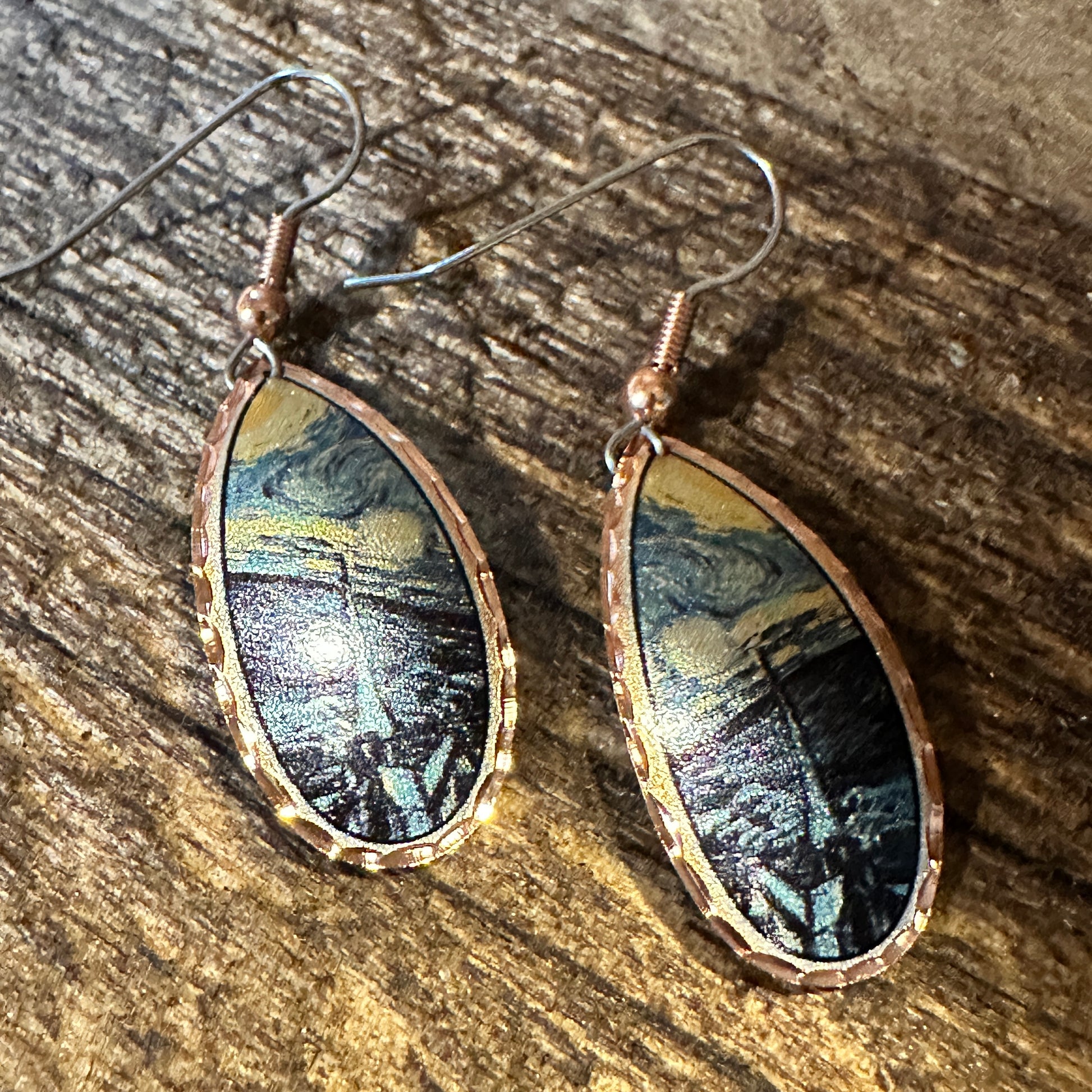 Handmade Boho Copper Earrings, Diamond Cut Van Gogh Starry Night Design Earrings, Gift Box - Silver Elegant