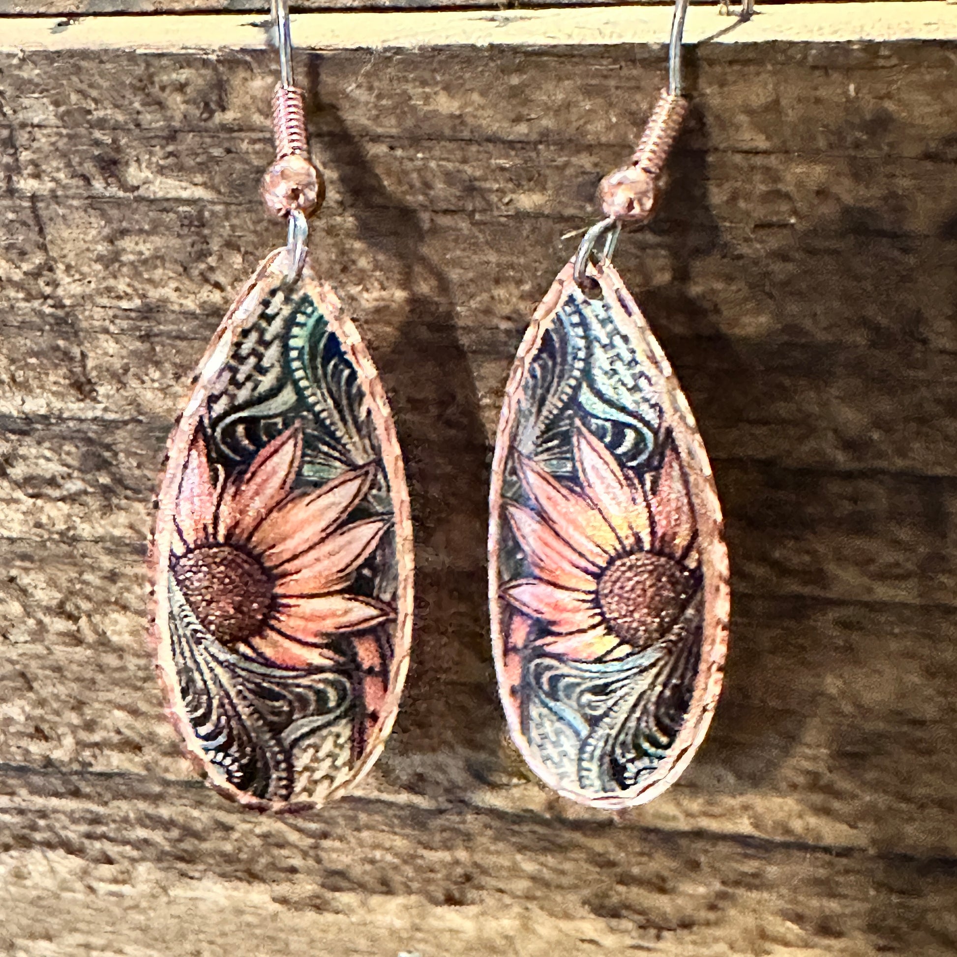 Handmade Boho Copper Earrings, Diamond Cut Sunflower Native American Earrings, Gift Box - Silver Elegant