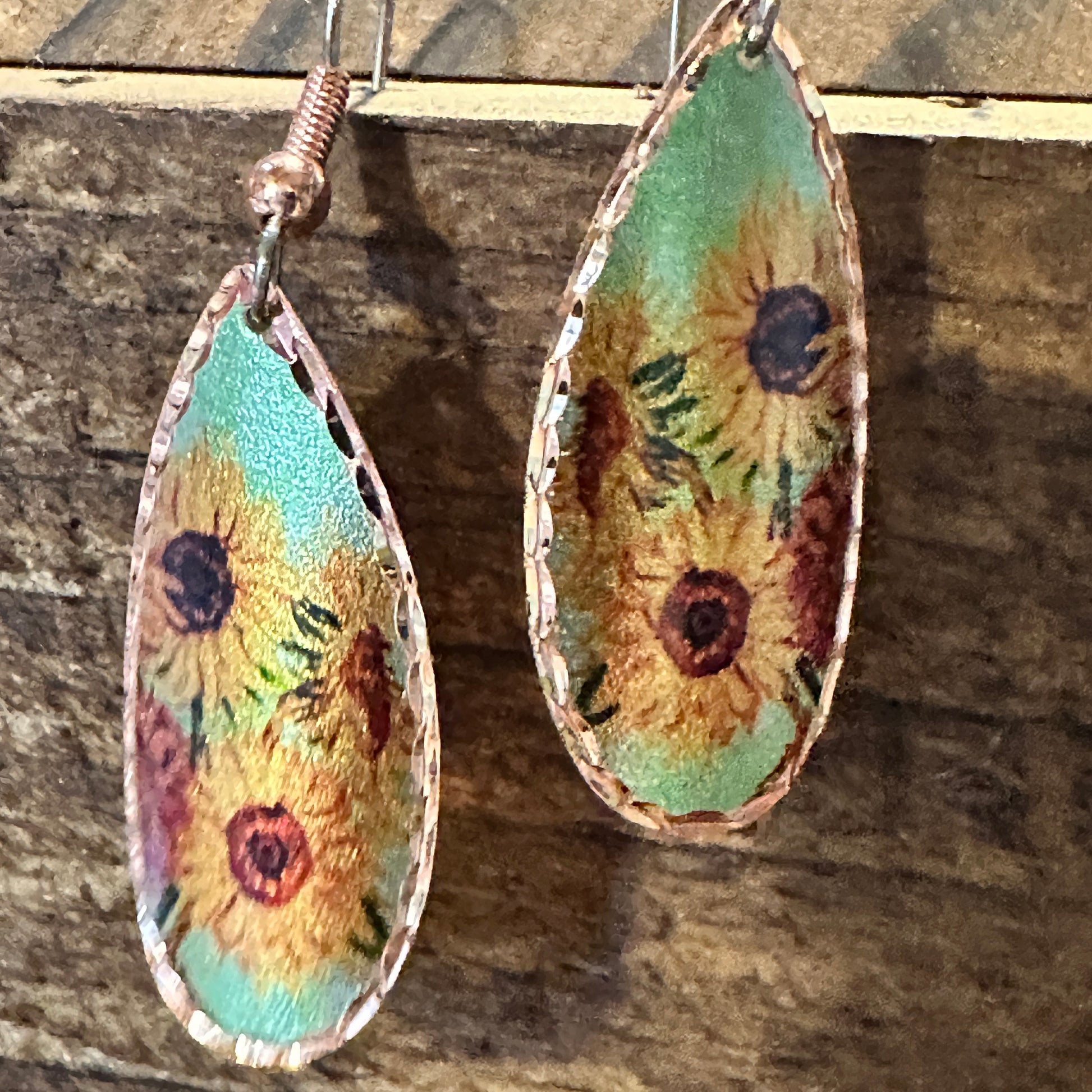 Handmade Boho Copper Earrings, Diamond Cut Van Gogh Sunflowers Earrings, Gift Box - Silver Elegant