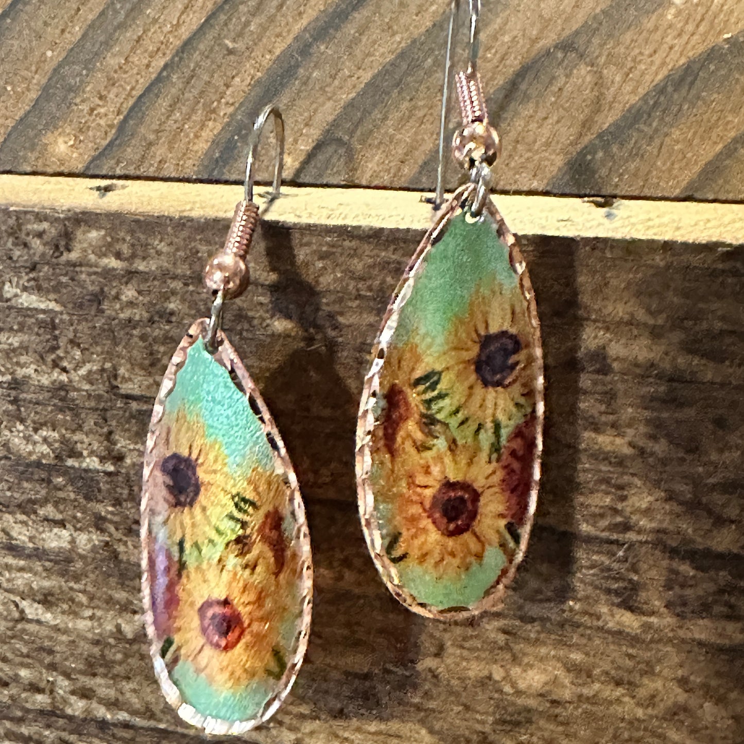 Handmade Boho Copper Earrings, Diamond Cut Van Gogh Sunflowers Earrings, Gift Box - Silver Elegant