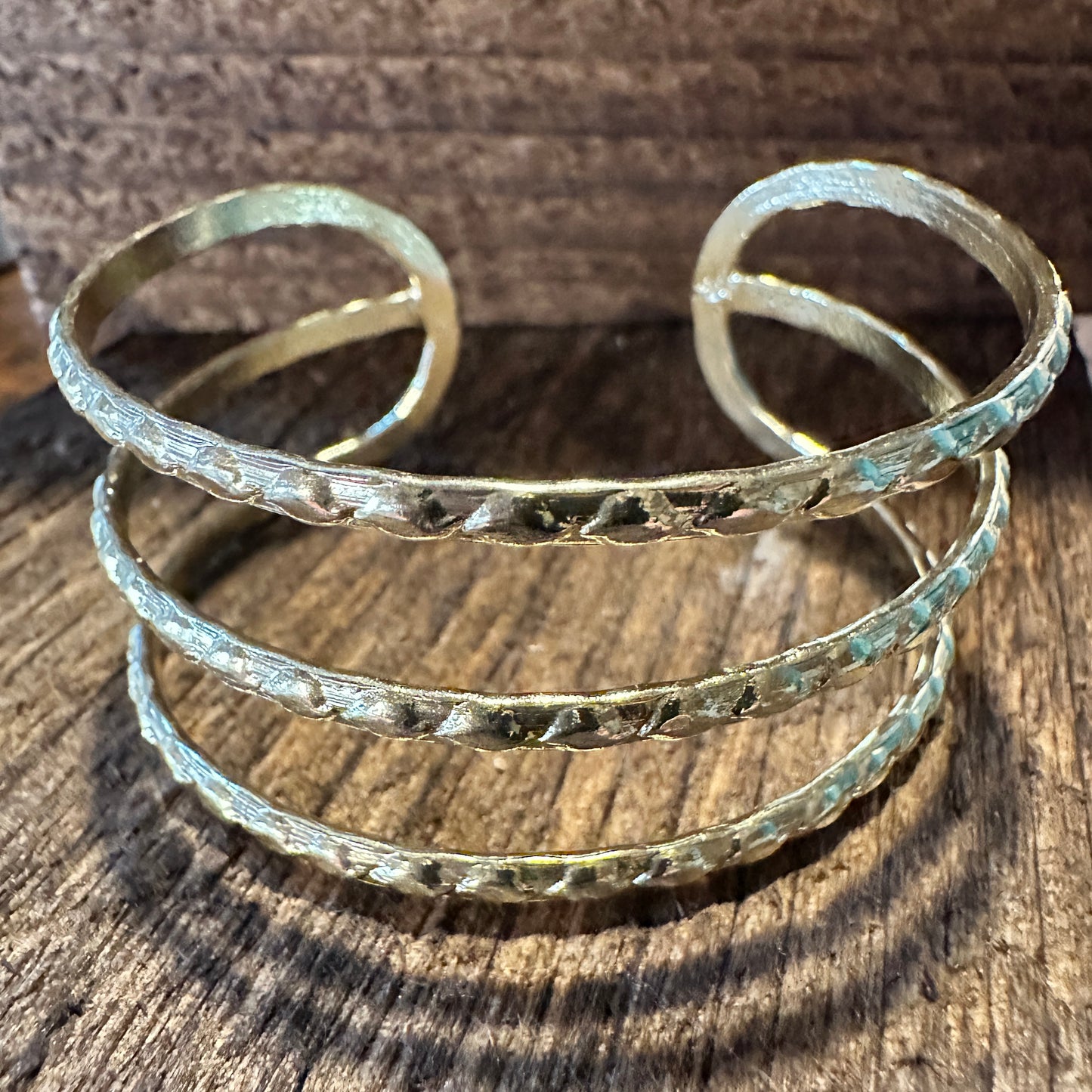 Handcrafted Boho Gold Plated Adjustable Cuff Bracelet - 3 Textured Bandsl - Gift Box - Silver Elegant