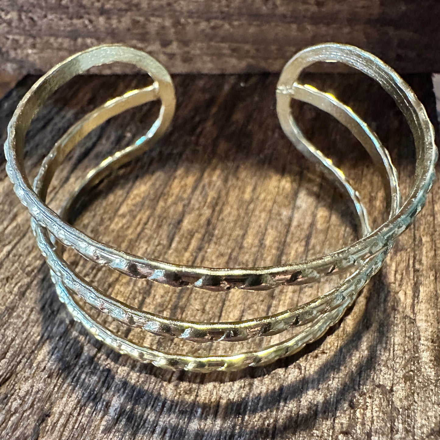 Handcrafted Boho Gold Plated Adjustable Cuff Bracelet - 3 Textured Bandsl - Gift Box - Silver Elegant