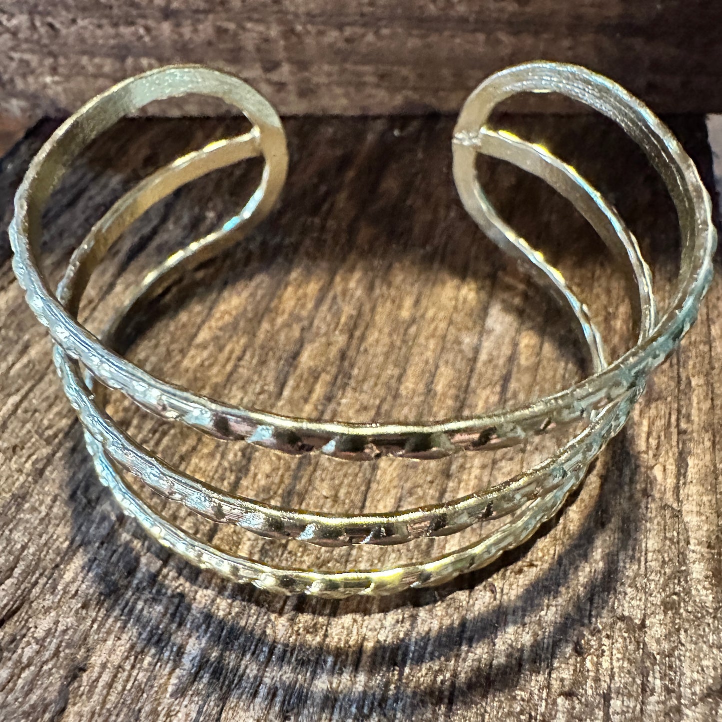 Handcrafted Boho Gold Plated Adjustable Cuff Bracelet - 3 Textured Bandsl - Gift Box - Silver Elegant