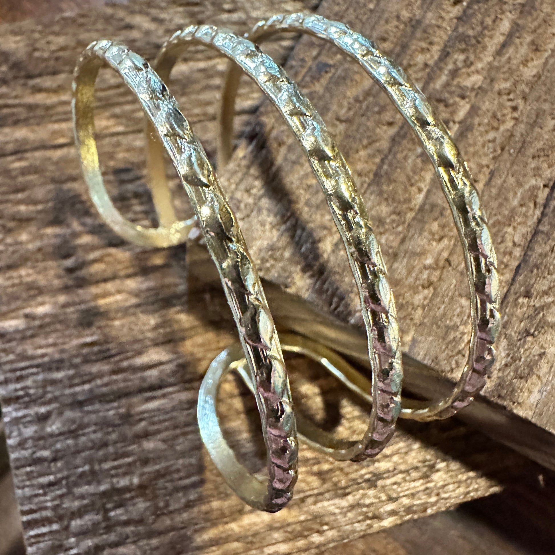 Handcrafted Boho Gold Plated Adjustable Cuff Bracelet - 3 Textured Bandsl - Gift Box - Silver Elegant